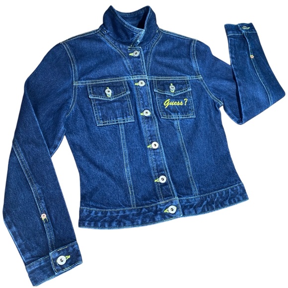 Guess Vintage 90’s Dark Denim Jacket w/ Neon Yellow Stitching size M - Picture 2 of 16